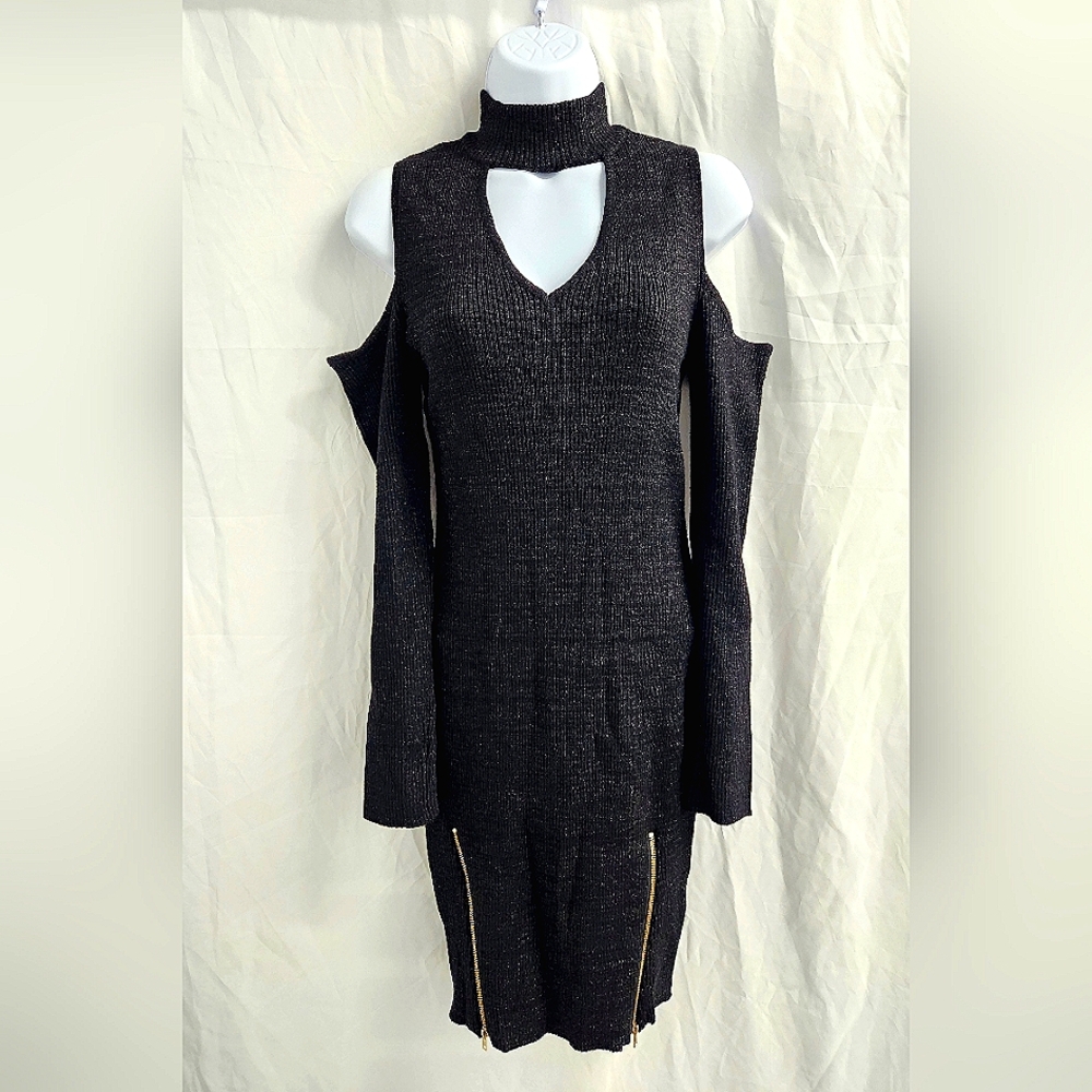 Material Girl Midi Sweater Bodycon Shlder/Neck Cutout Lng Sleeve Black Dress